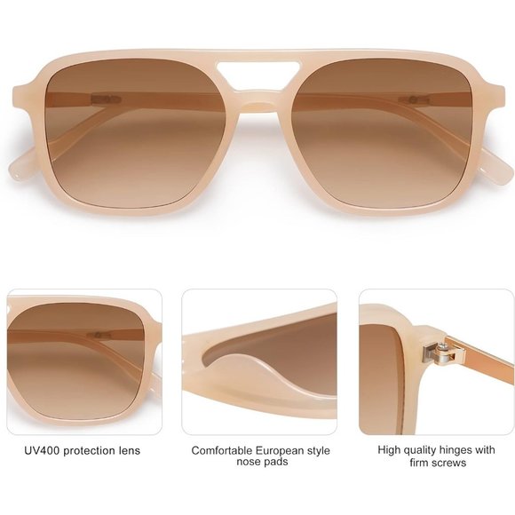 Women Trendy Rectangle Milky Cream Brown Grading Shades Retro Aviator Sunglasses - Picture 4 of 5
